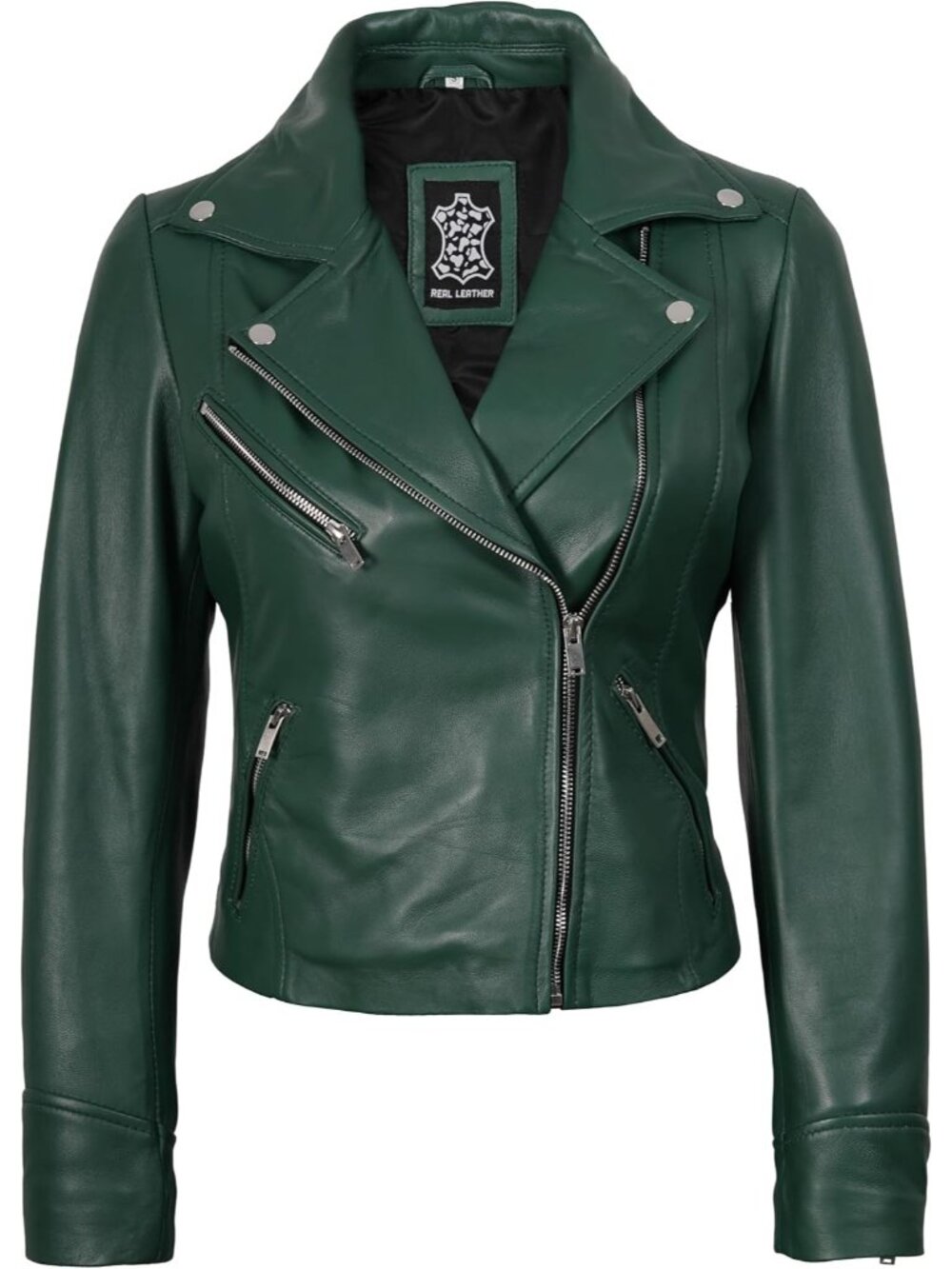 Women’s Real Lambskin Leather Asymmetrical Moto Biker Jacket- Green